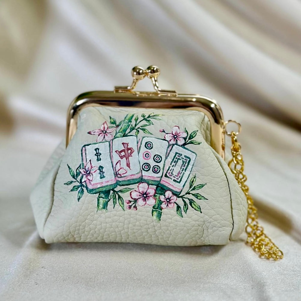 Mahjong Florals- Hand-Painted Leather Pouch - Change Purse