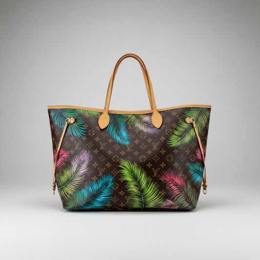 Designer handbag with colorful leaf pattern on a dark surface