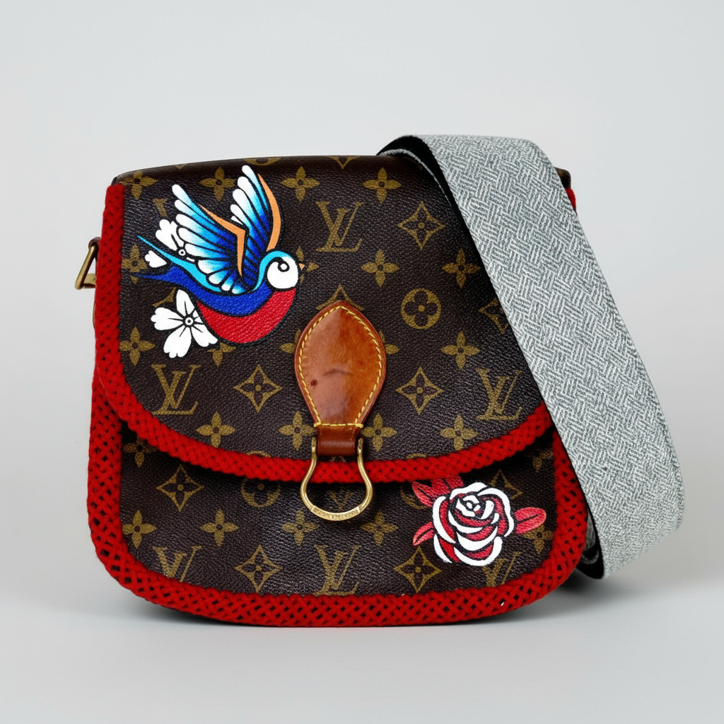 Designer handbag with colorful bird and flower embroidery on a gray background