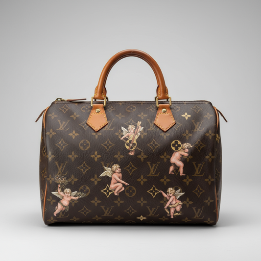 Designer handbag with cherub illustrations on a wooden surface