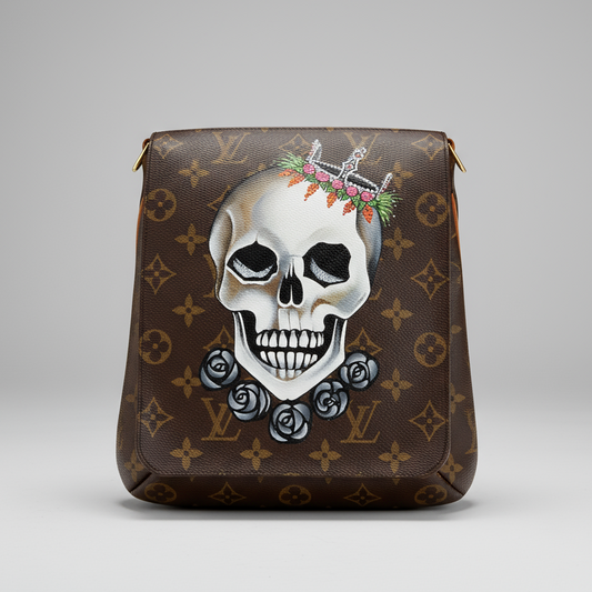 Designer handbag with skull and floral design on a dark background