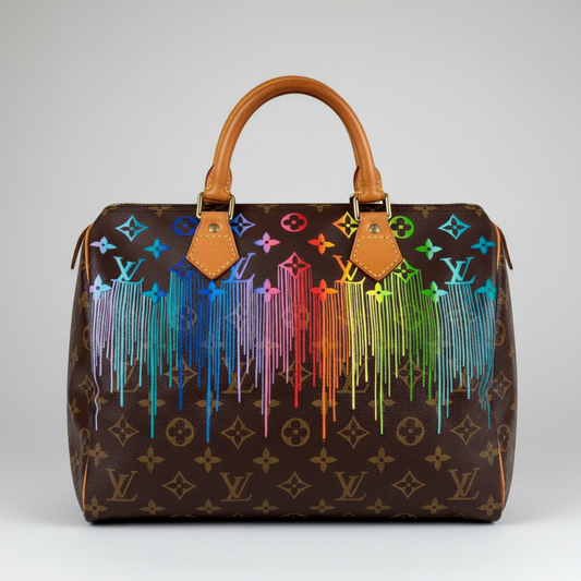 Designer handbag with rainbow流泪 design on a white surface