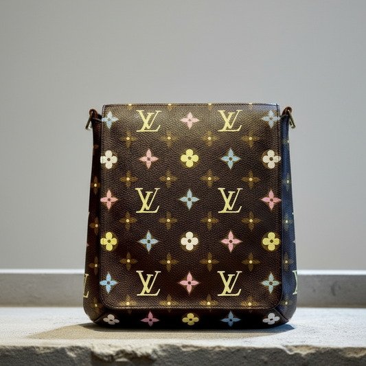 Designer handbag with colorful pattern on a dark background