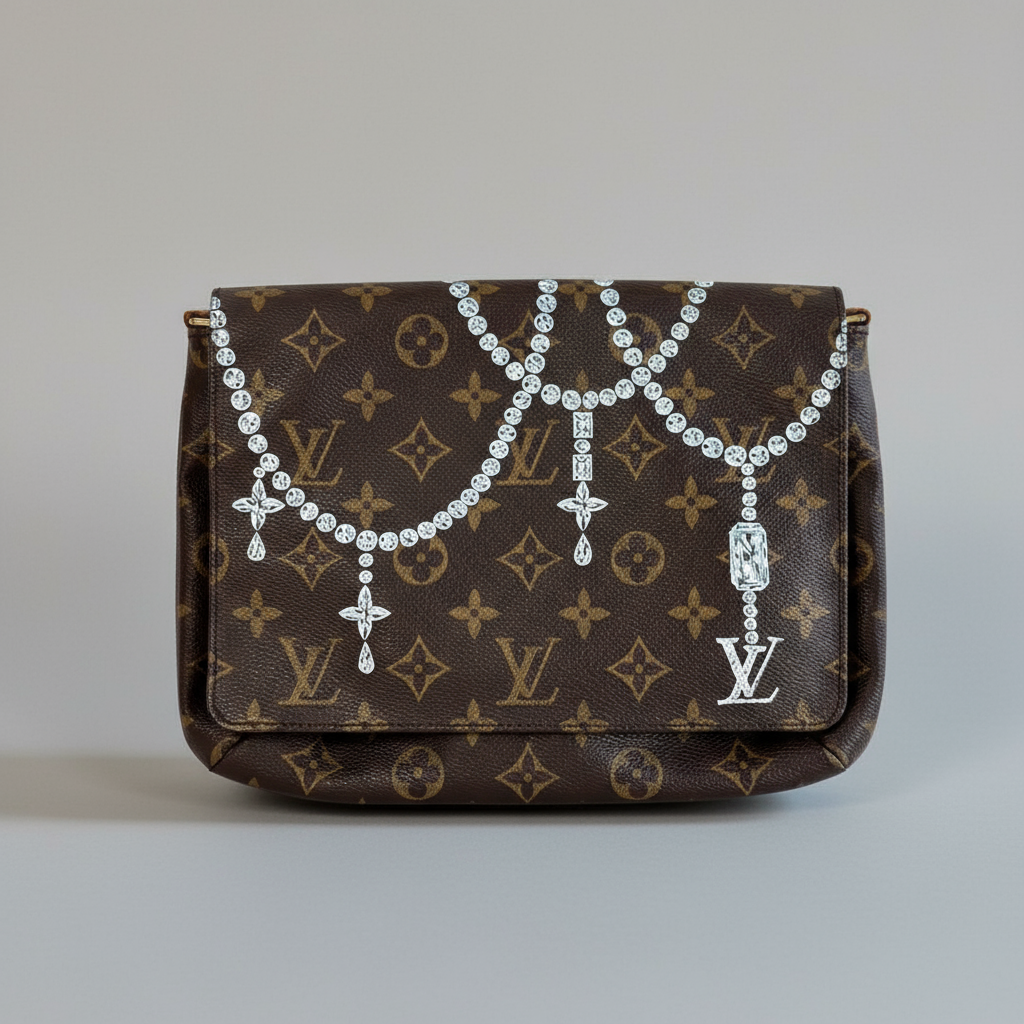 Designer handbag with jewelry on a black background