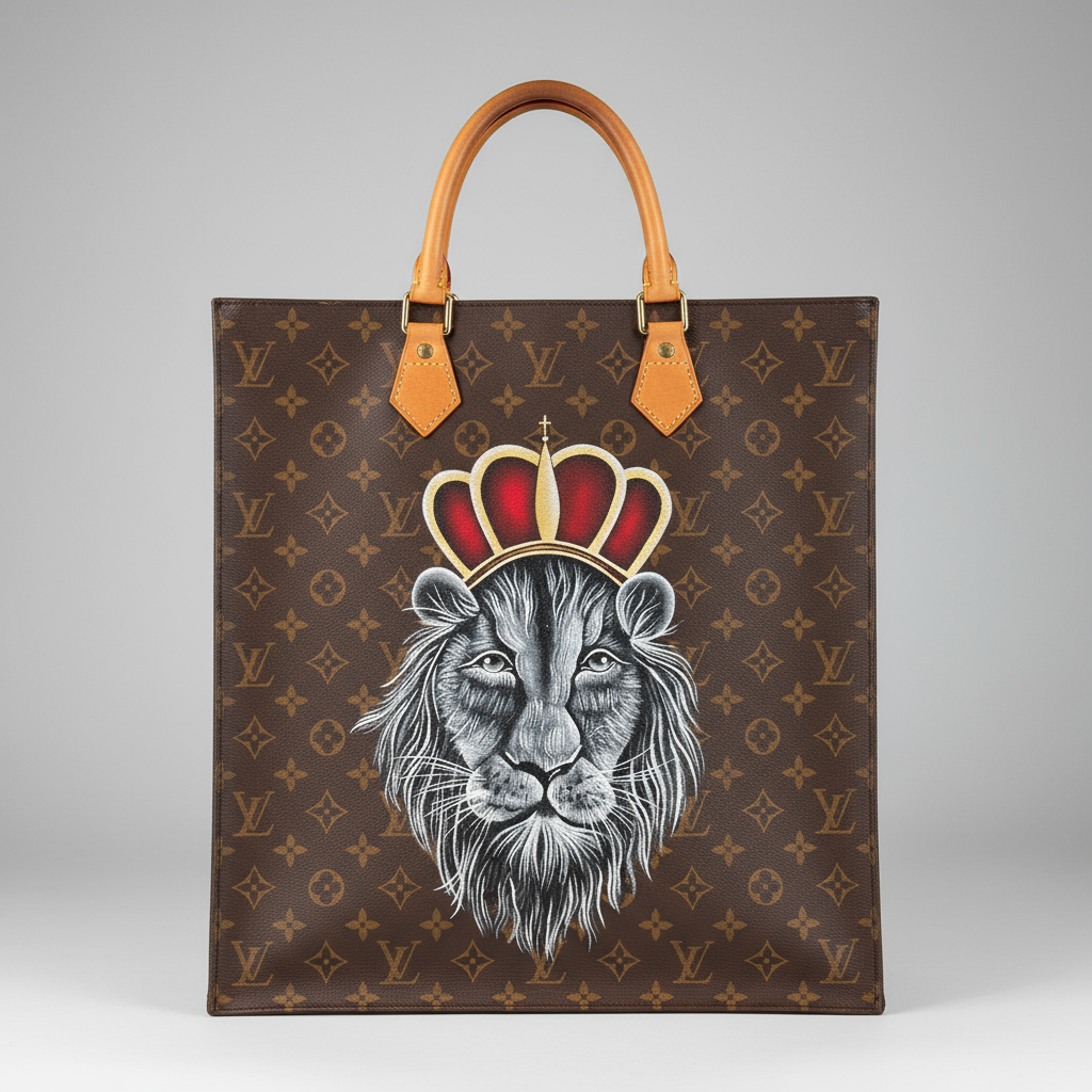 Designer bag with a lion illustration and crown on a blurred background