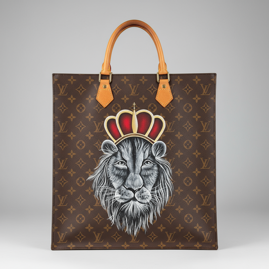 Designer bag with a lion illustration and crown on a blurred background