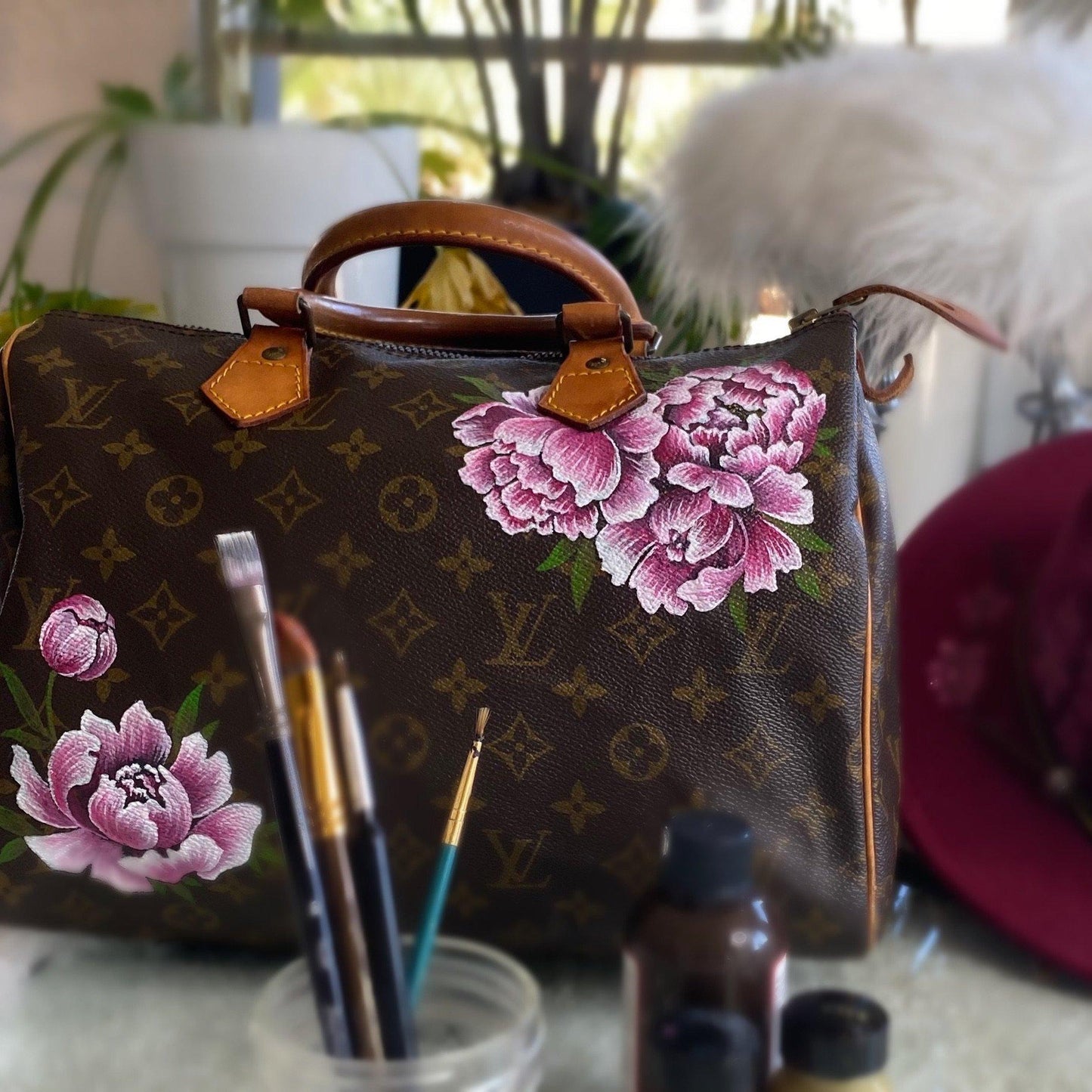 Pink Peonies Artwork, Painted on a Louis Vuitton Speedy 30 by New Vintage