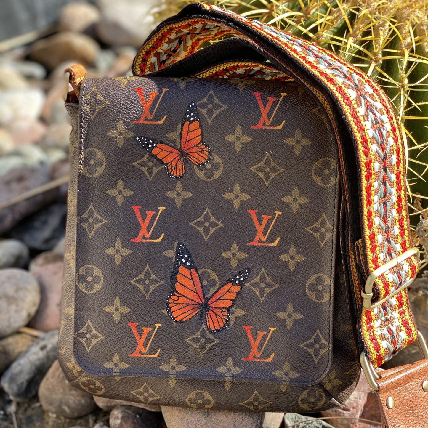 Autumn Monarch Artwork, Painted on a Louis Vuitton Salsa Bag by New Vintage