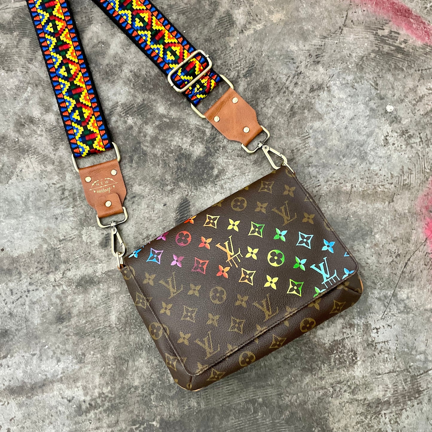 Customized Louis Vuitton Musette Tango - "Rainbow Diagonal Monogram" Artwork Handbags by New Vintage