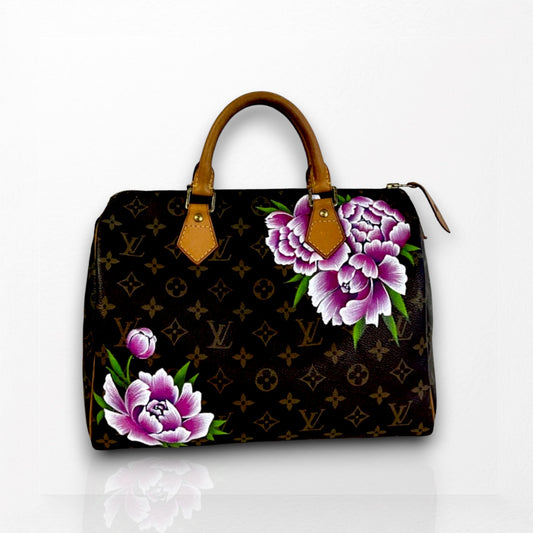 Pink Peonies Hand Painted onto a Preloved Louis Vuitton Speedy