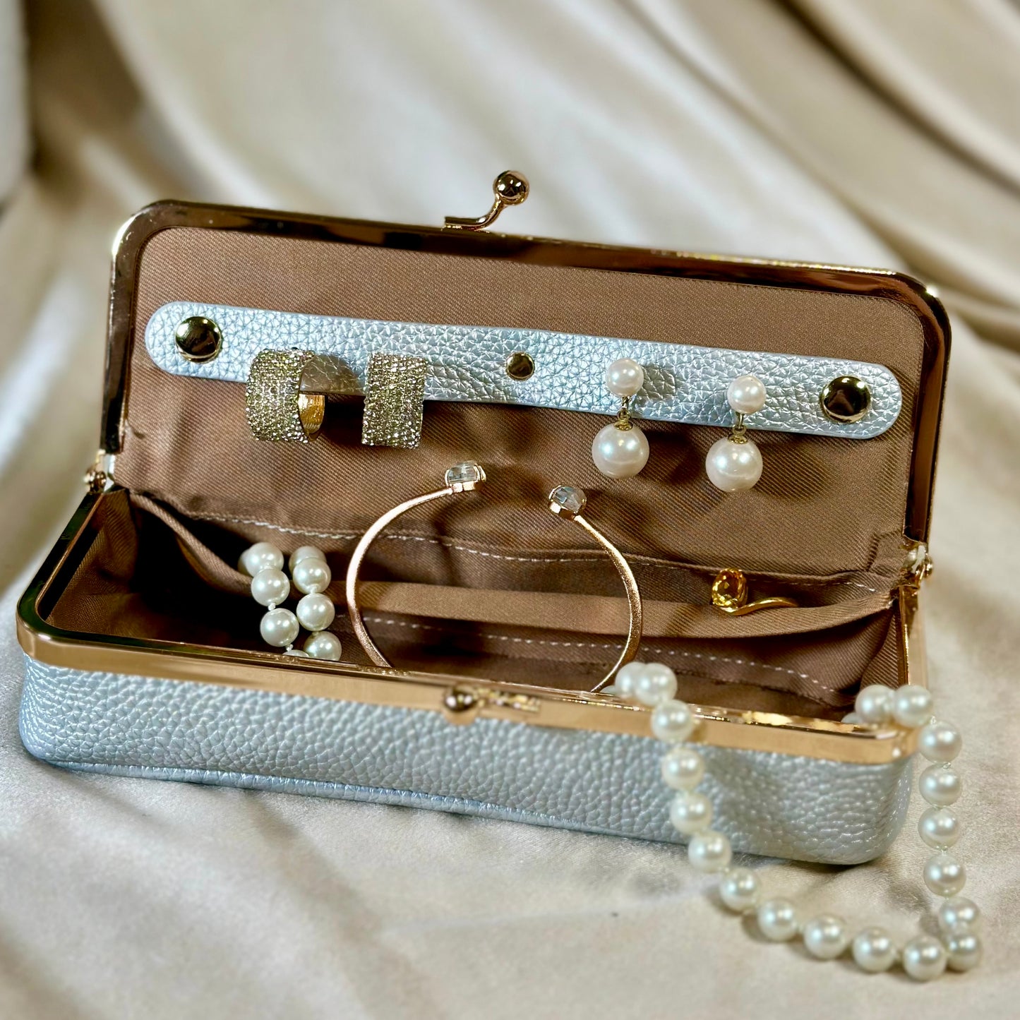 Champagne- Hand Painted Leather - Travel Jewelry Case