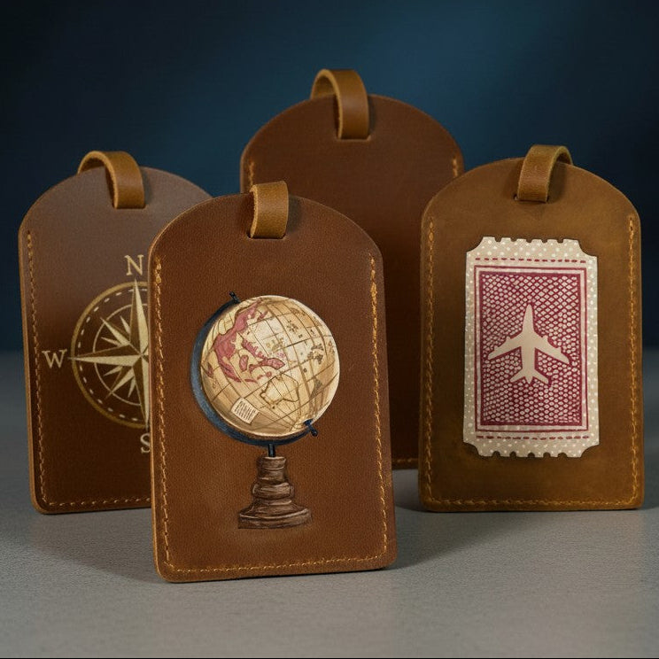 Hand painted leather luggage tags with various designs on a dark background