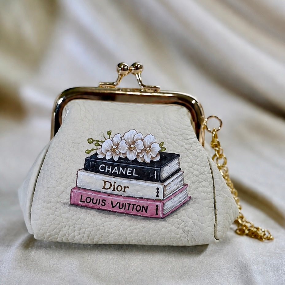 Books Stack- Hand-Painted Leather Pouch - Change Purse