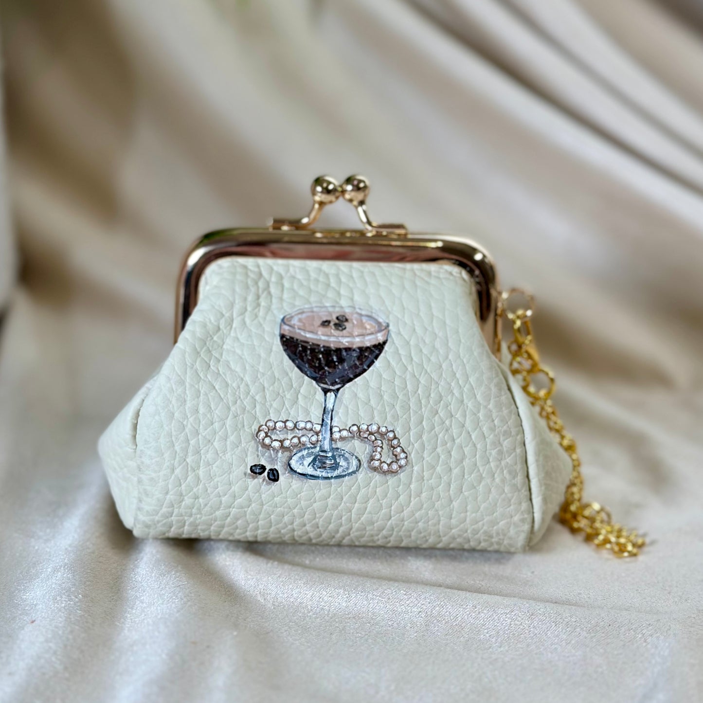 Espresso Martini & Pearls- Hand-Painted Leather Pouch - Change Purse