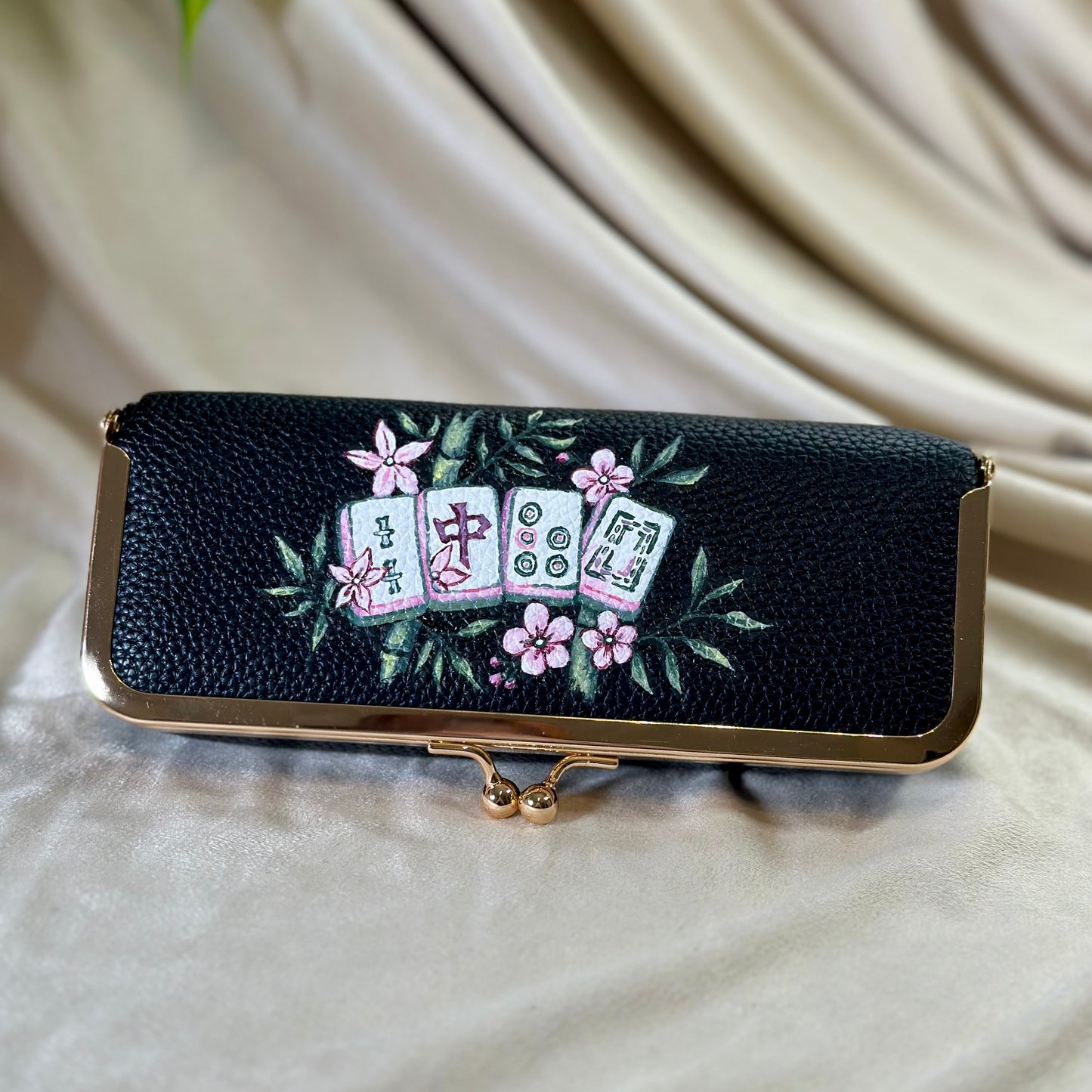 Mahjong in Bloom - Hand Painted Leather - Glasses/Jewelry Case