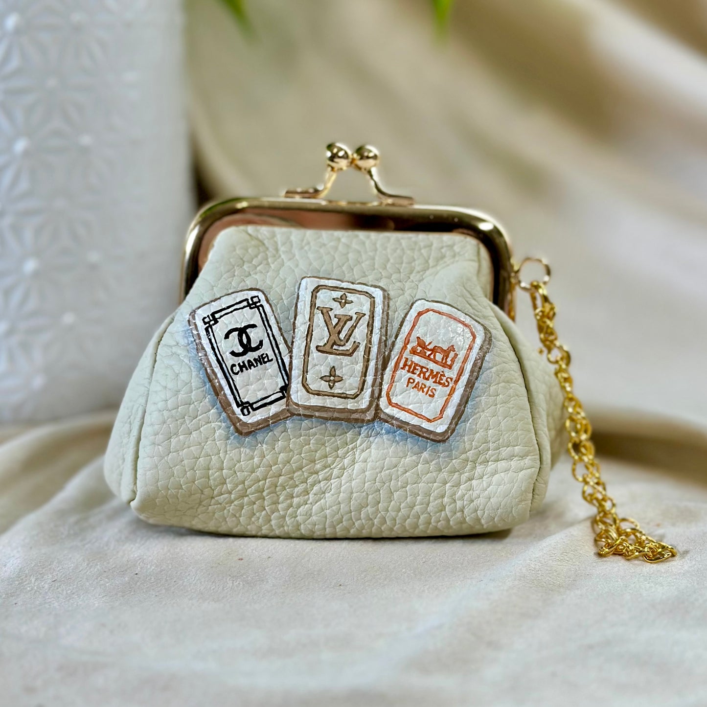 Lux Mahjong Tiles- Hand-Painted Leather Pouch - Change Purse