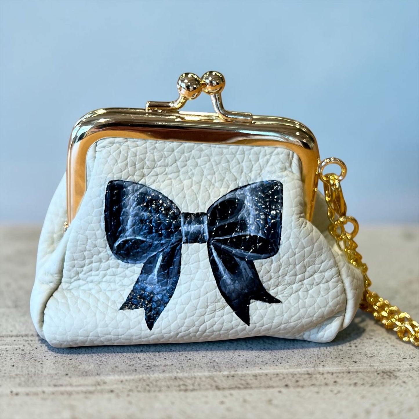 Black Silk Bow- Hand-Painted Leather Pouch - Change Purse