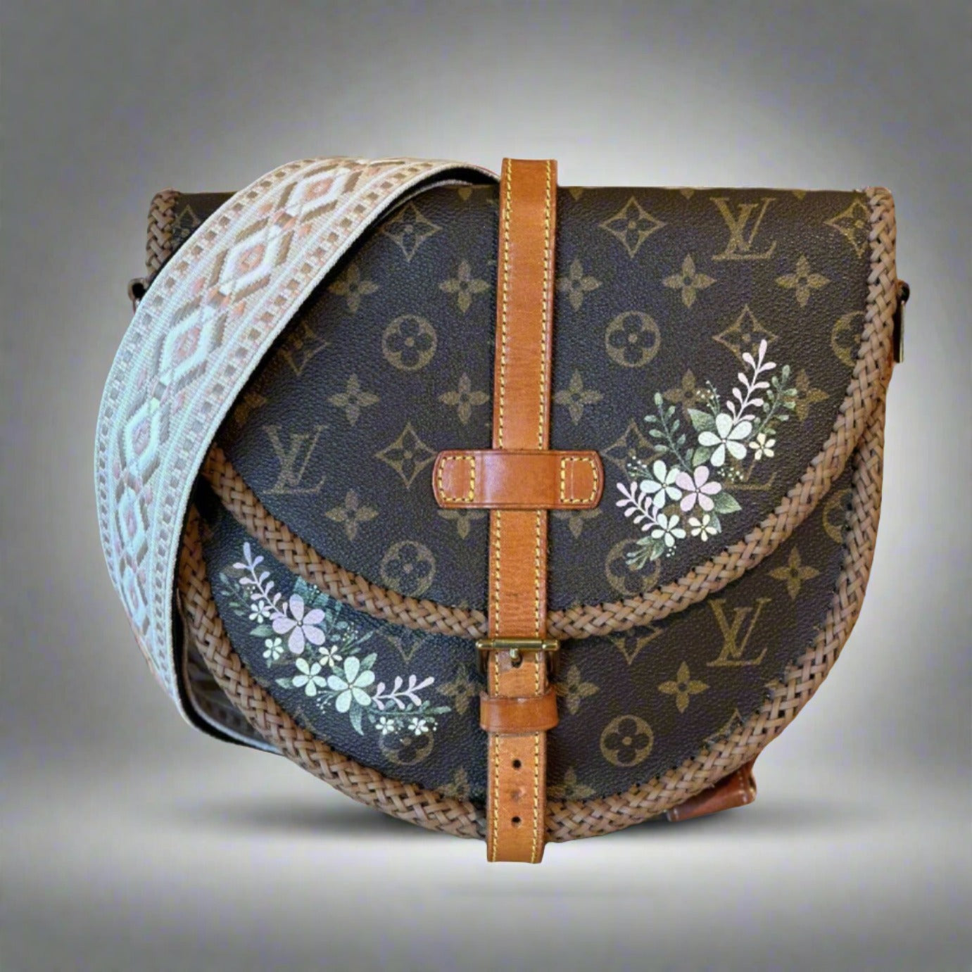 custom painted Louis Vuitton with delicate flowers and needlework