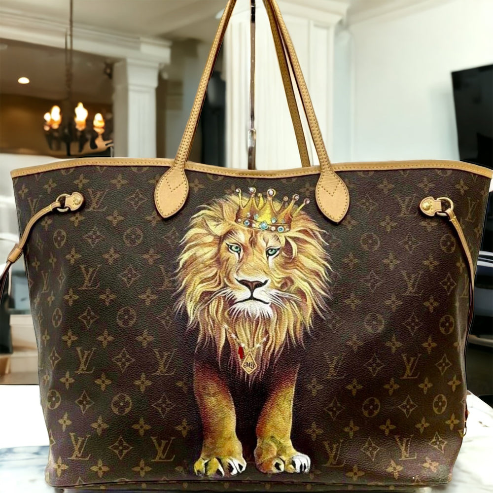 Hand painted lion onto a Louis Vuitton Neverfull