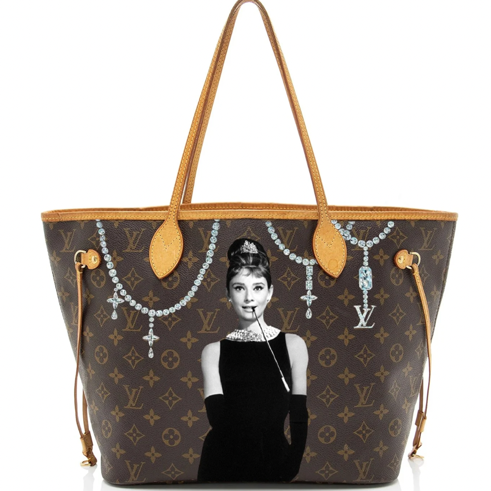 Designer handbag with a monogram pattern and a portrait of an actress on a white background