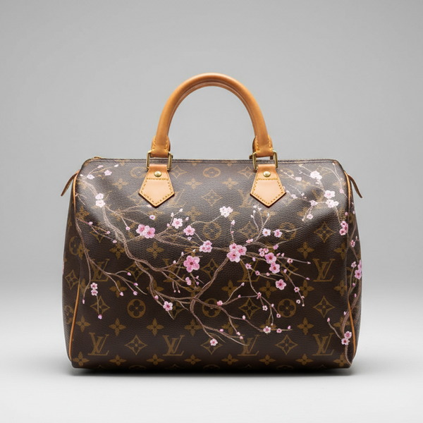 LOUIS VUITTON バーガンディ 花刺繍 生地 Louis Vuitton Hand-Painted - Cherry Blossom's Blush – New Vintage