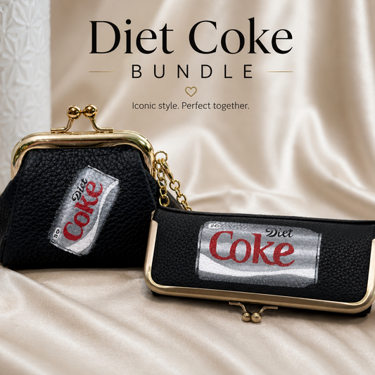 Two black purses with Diet Coke branding on a beige fabric background