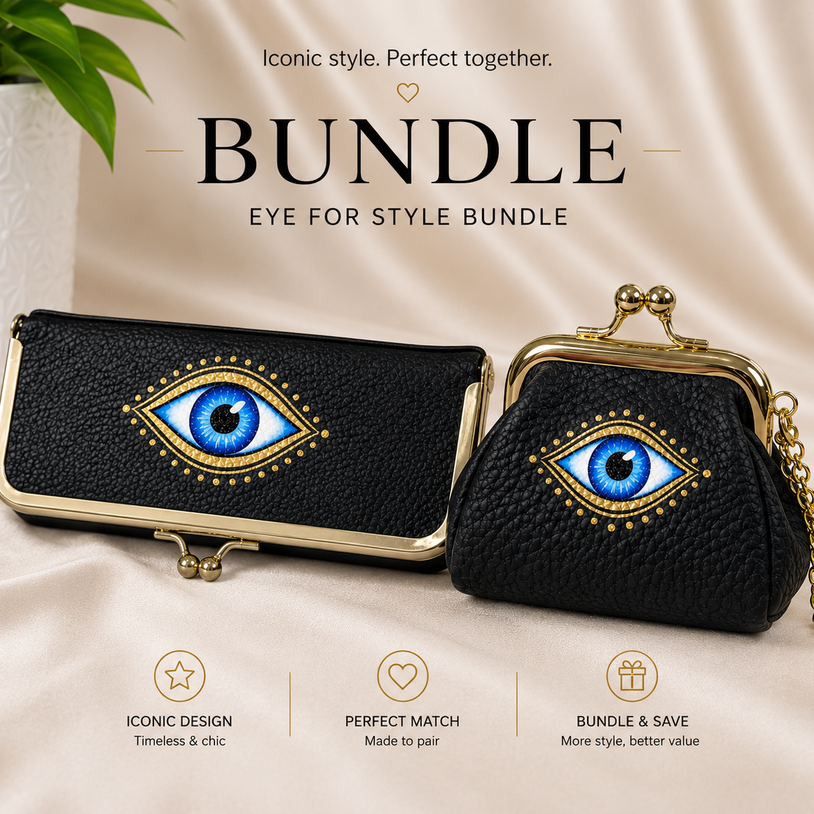 Two black handbags with eye designs on a beige fabric background, featuring text about a 'Bundle Eye for Style' offer.
