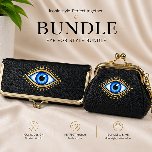 Two black handbags with eye designs on a beige fabric background, featuring text about a 'Bundle Eye for Style' offer.