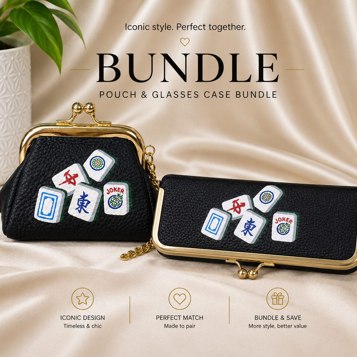 Black pouch and glasses case bundle with Mahjong design on a beige fabric background