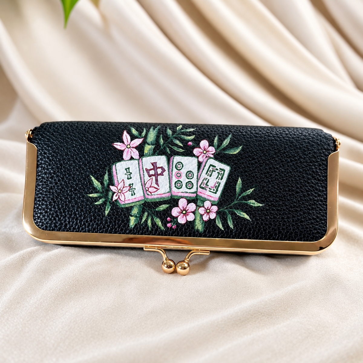 Mahjong in Bloom - Hand Painted Leather - Travel Jewelry Case