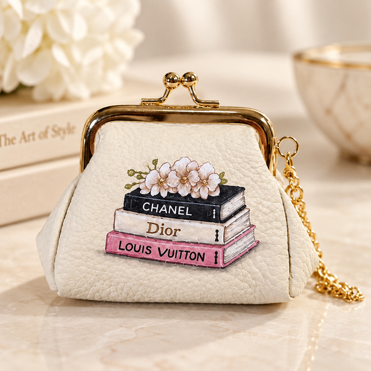Books Stack- Hand-Painted Leather Pouch - Change Purse