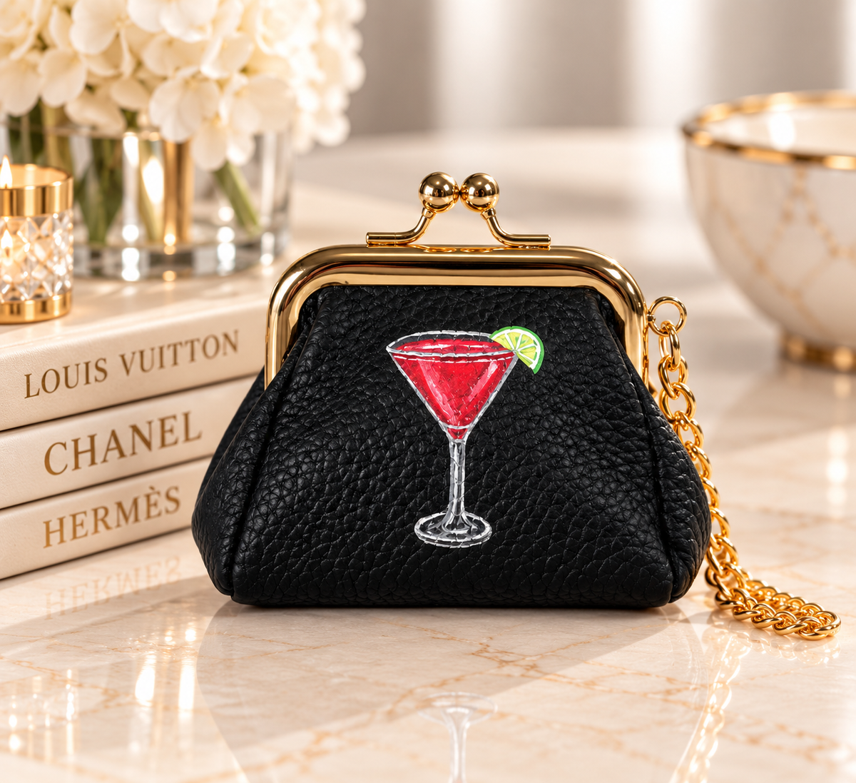 Cosmo Martini- Hand-Painted Leather Pouch - Change Purse