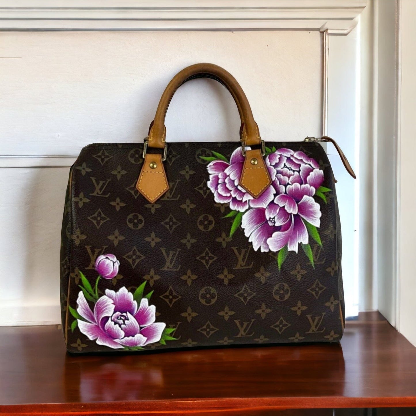 Louis Vuitton Speedy 30 Women's Authentic Pre Owned Custom Painted Handbag Dual Top Handles Brown Pink Luxury Monogram Canvas