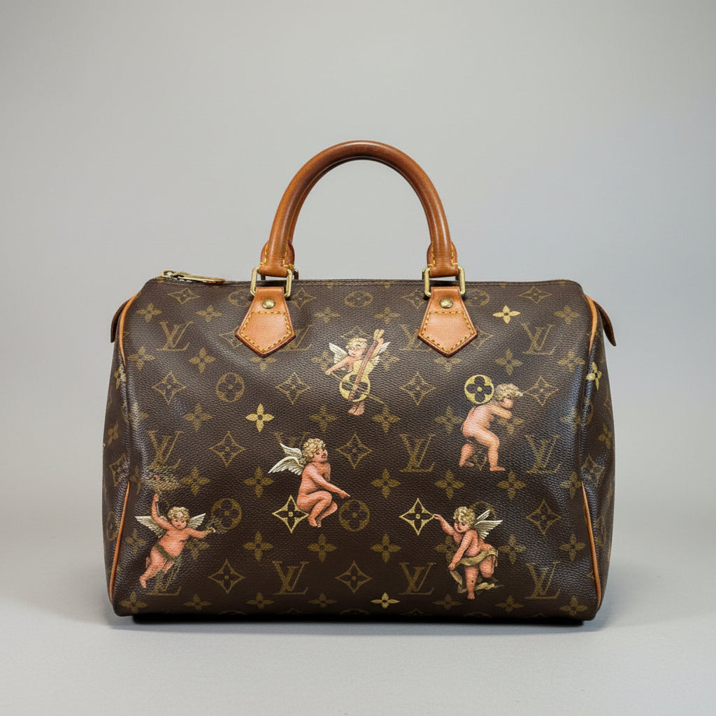 Designer handbag with monogram pattern and cherub illustrations on a light background