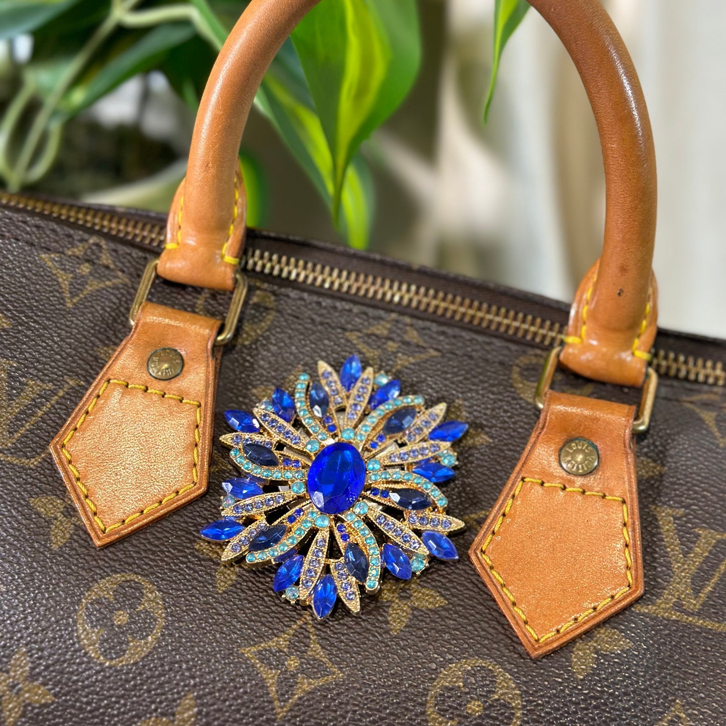 Blue brooch on a brown handbag with a blurred plant background