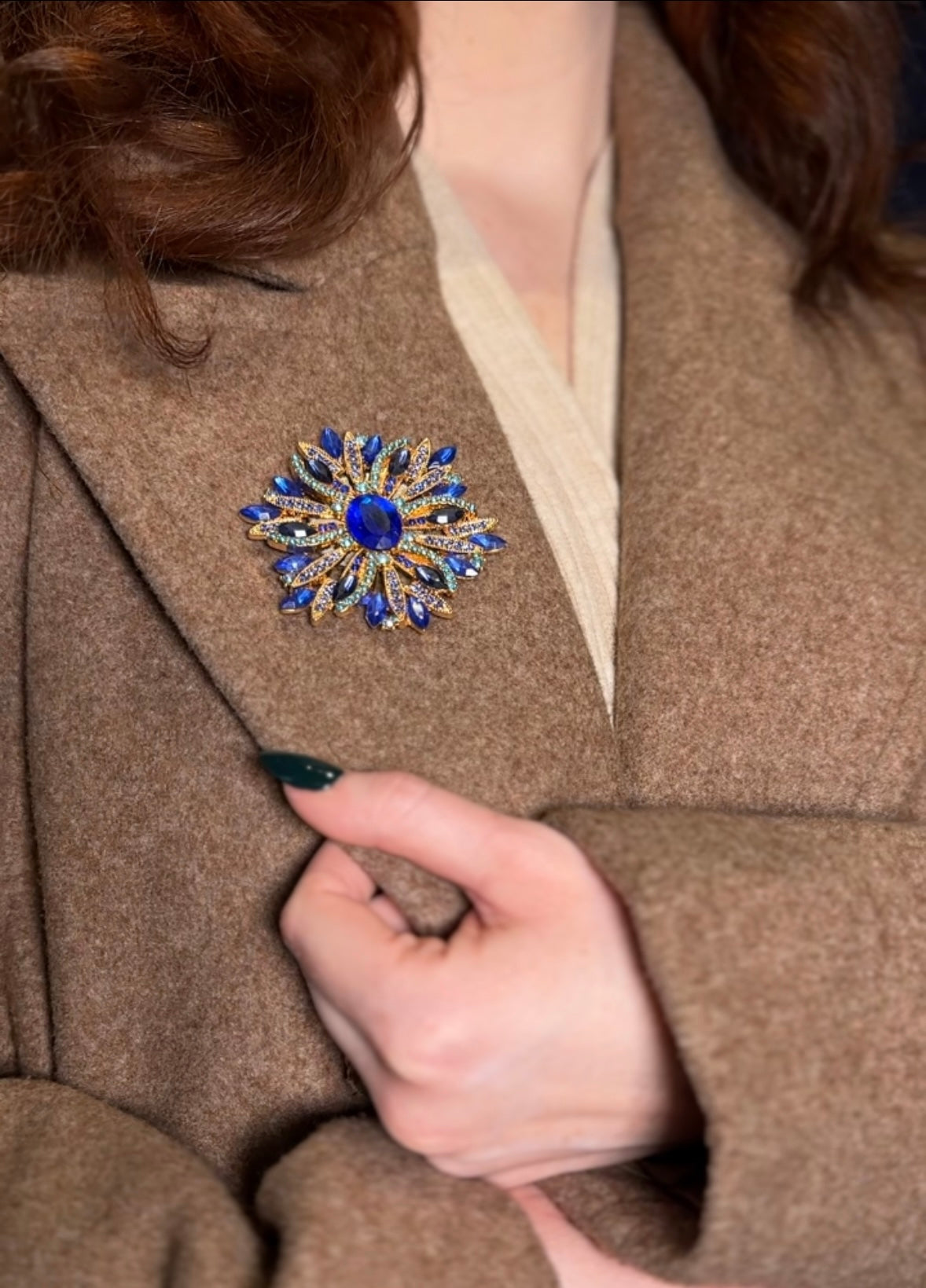 Person wearing a brown coat with a blue and gold brooch, hand adjusting it.