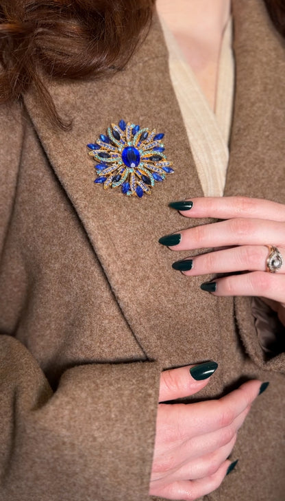 Close-up of a person wearing a brown coat with a decorative brooch, focusing on the brooch and coat details.