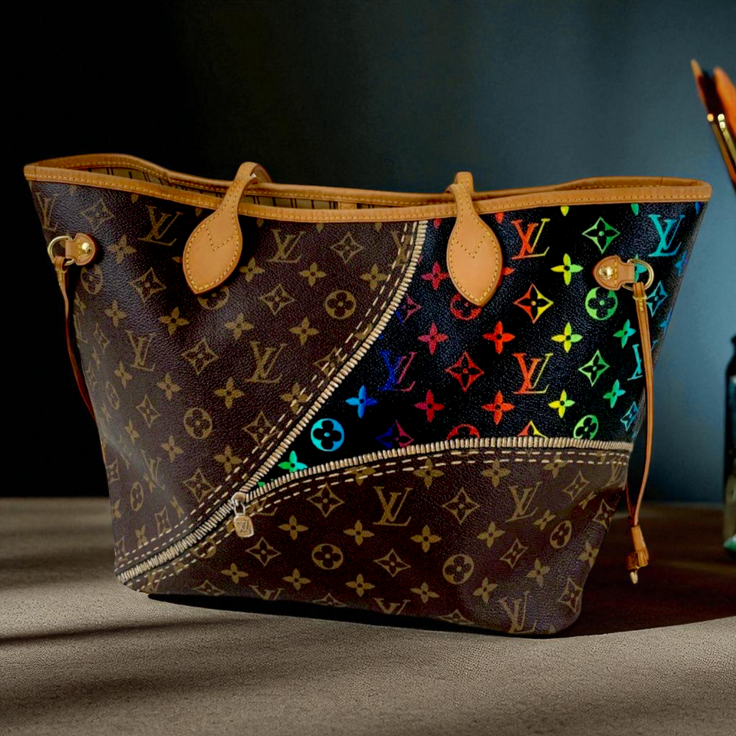 Designer handbag with monogram pattern on a dark background