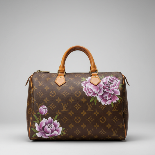 Designer handbag with floral designs and visible brand logo