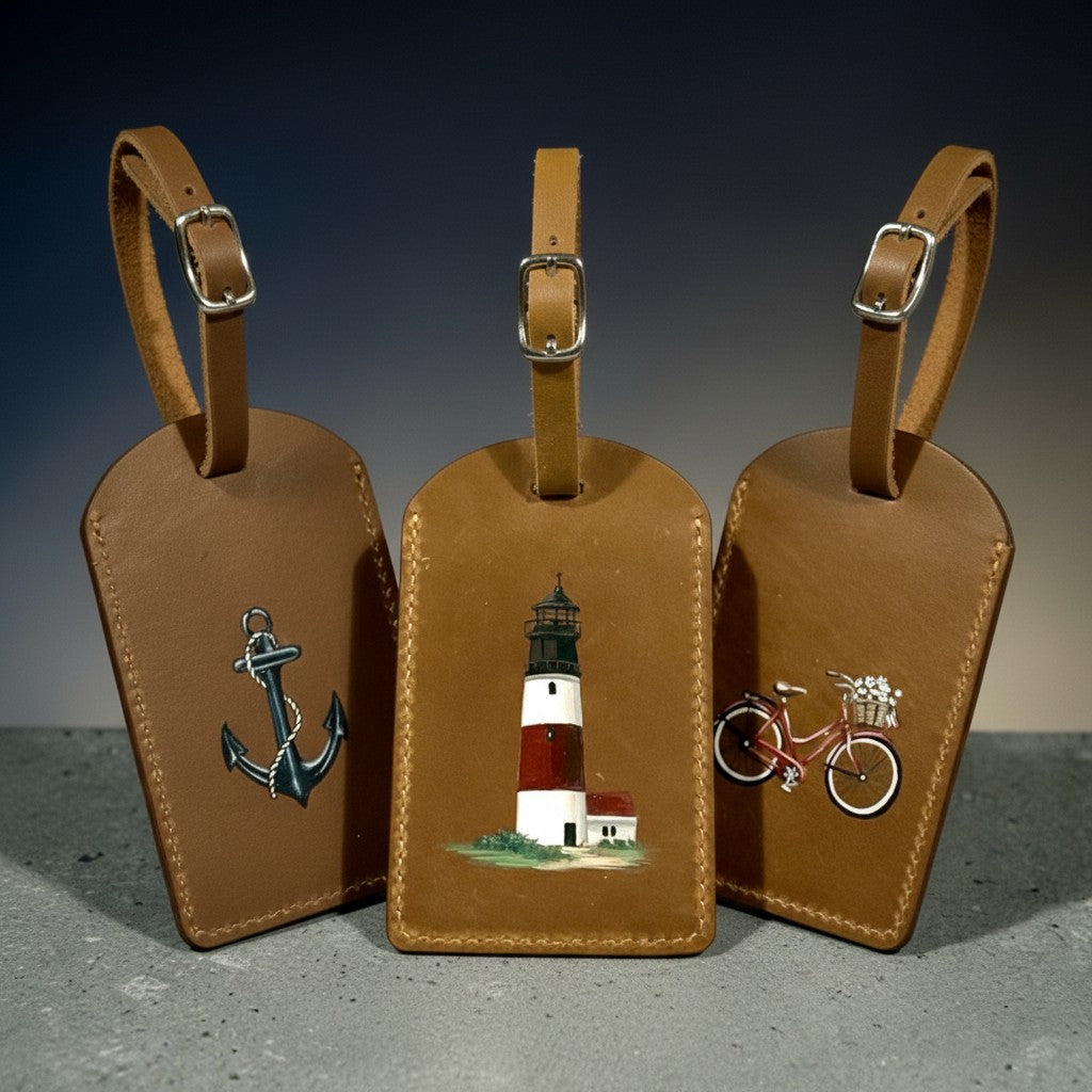 Three brown leather luggage tags with anchor, lighthouse, and bicycle designs on a gray surface.