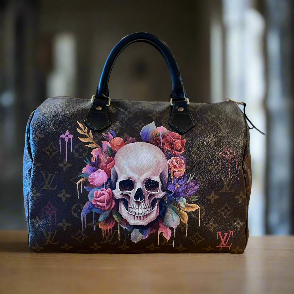 Painted Louis Vuitton Bag with Skull and Flowers