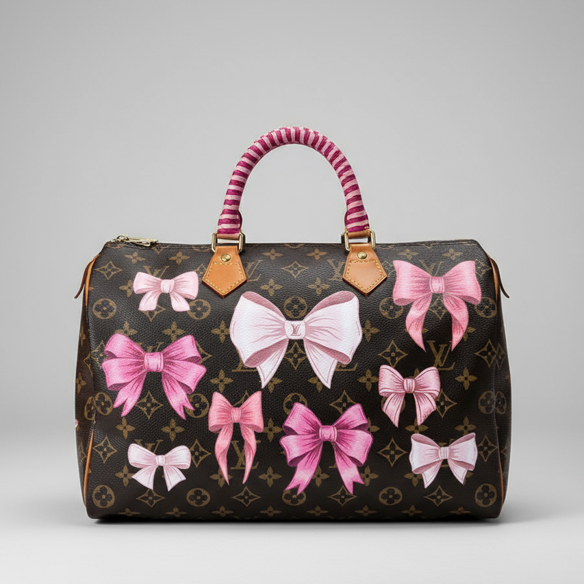 Designer handbag with pink bows on a dark background