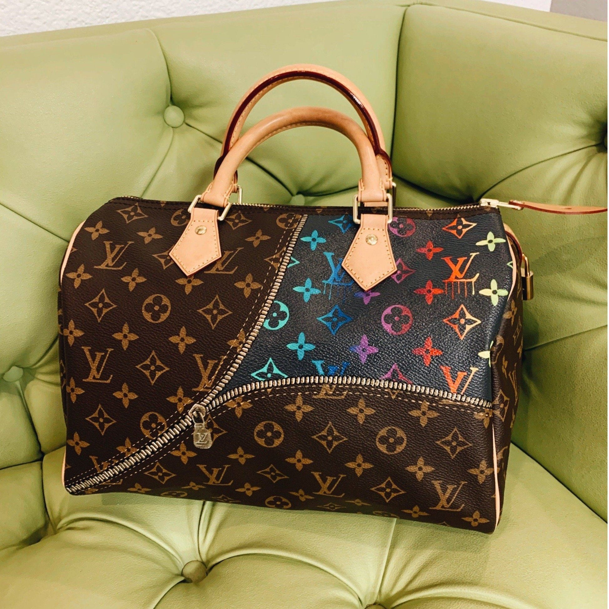 Unzipped Monogramed Gradients Artwork, Painted on a Louis Vuitton Speedy Bag by New Vintage