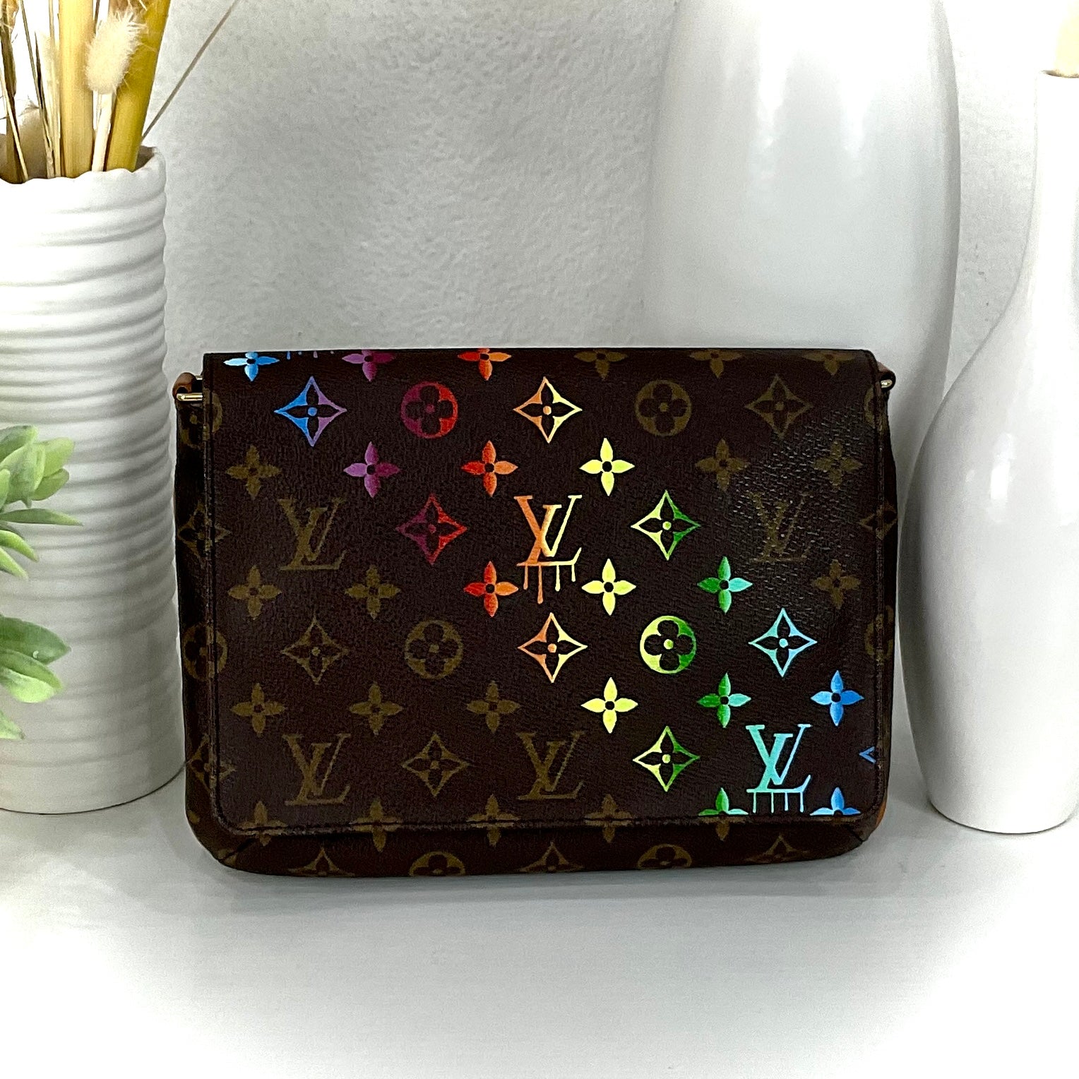 Customized Louis Vuitton Musette Tango - "Rainbow Diagonal Monogram" Artwork Handbags by New Vintage